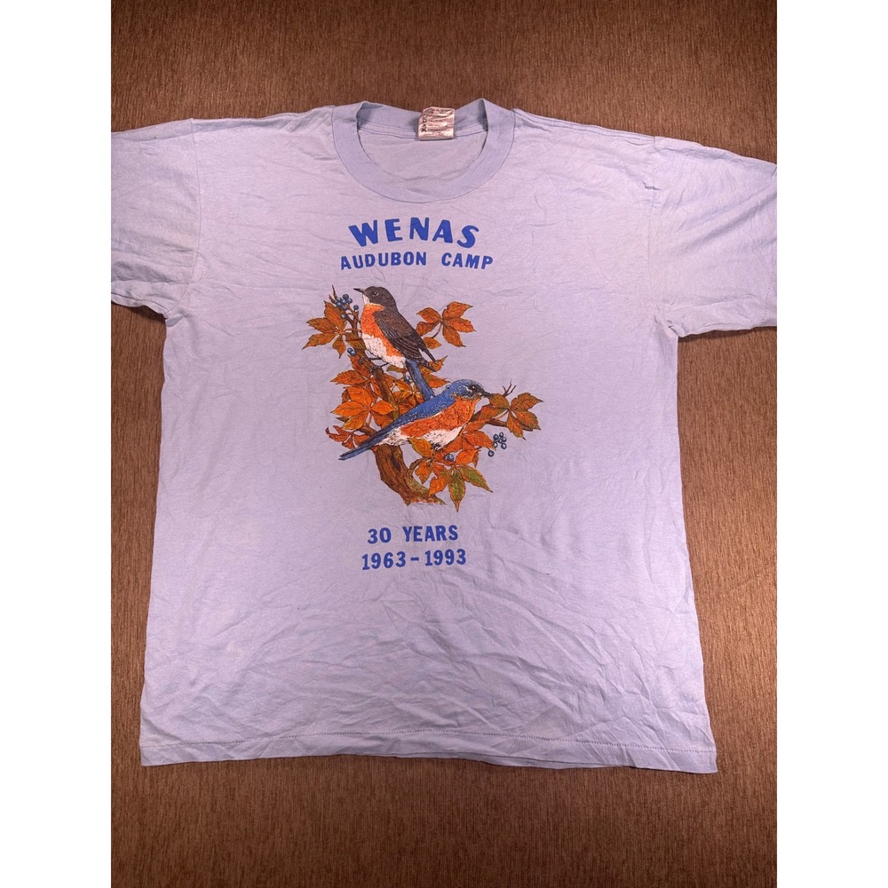 Vintage 90s Oneita Wenas Audubon Camp 30 Years T-Shirt Blue Large Made in USA